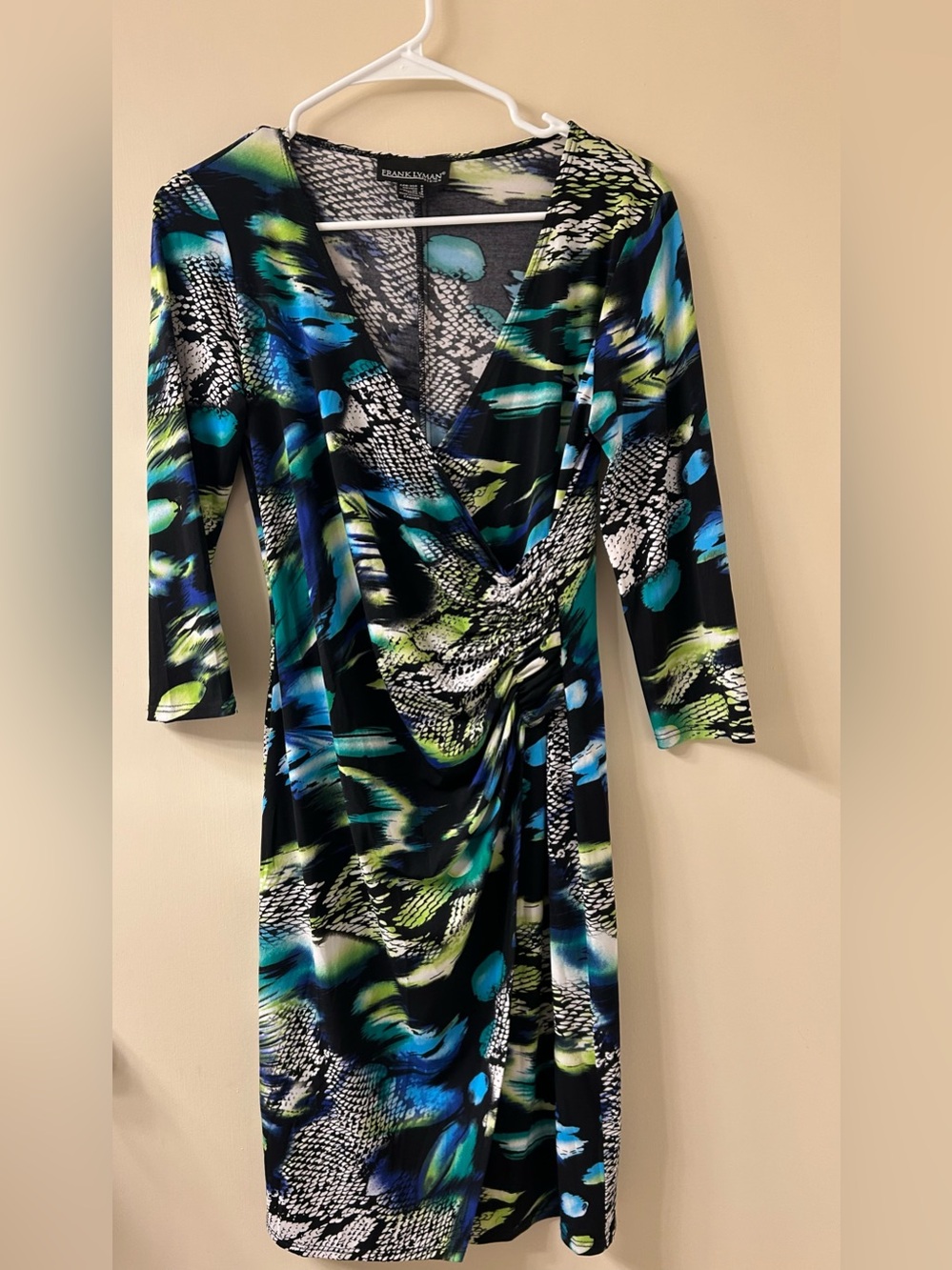Frank Lyman Design Wrap-Style Midi Dress in Blue, Green and Black